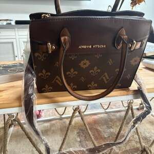 Adrienne Vittadini Brown Monogram Satchel Handbag with Crossbody Strap